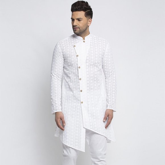 Designer White Cotton Chikankari Lucknowi Jaal Embroidered Kurta for Men - Picture 3 of 6